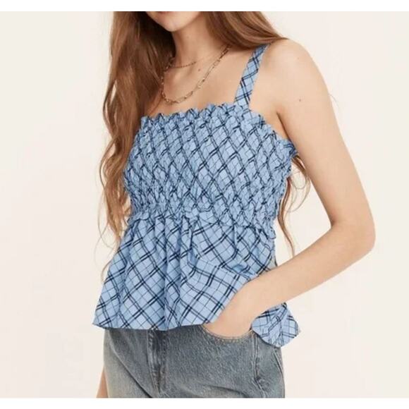 NEW J.Crew Smocked Tank Top Blouse Small Blue Plaid Lightweight Spring Shirred - Picture 1 of 5